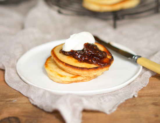 Buttermilk Pikelets with Raspberry & Pomegranate Jam Recipe | Maggie Beer