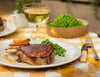 Fig & Gin Paste Glazed Pork Cutlets with Roast Potatoes & Peas