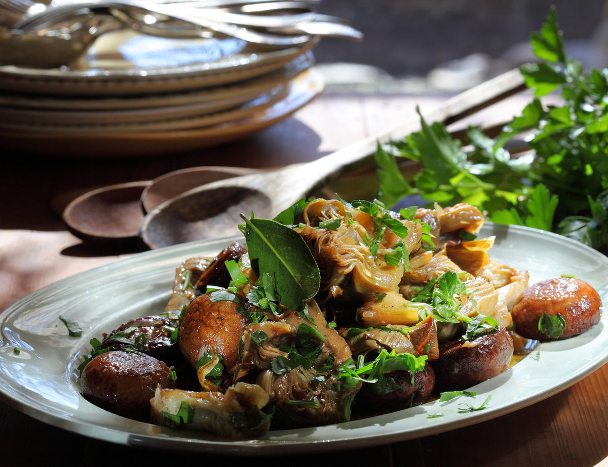Artichokes and Mushrooms braised in Verjuice and Extra Virgin Olive Oil Recipe