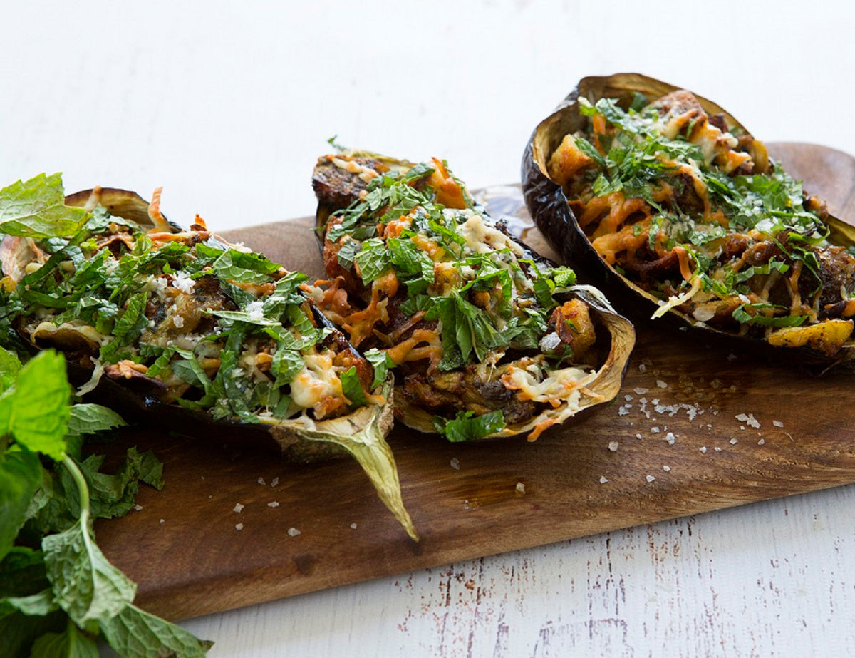 Baked Eggplant Stuffed with Sourdough Crumbs, Pecorino, Garlic, Anchovies and Mint Recipe