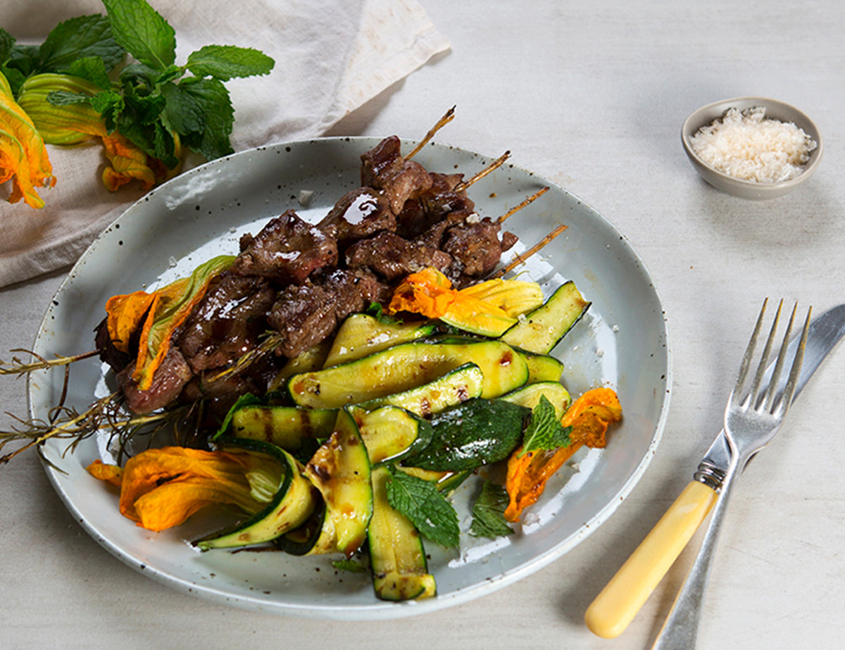 BBQ Lamb on Rosemary Skewers with Grilled Zucchini Salad Recipe