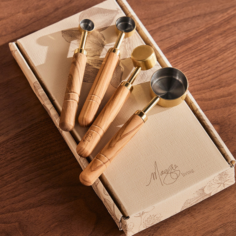 Brass Measuring Spoons with Olive Wood Handles - 4 Set