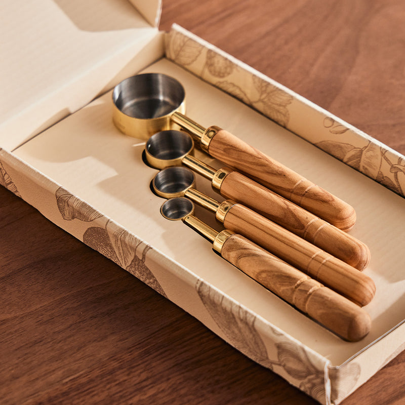 Brass Measuring Spoons with Olive Wood Handles - 4 Set