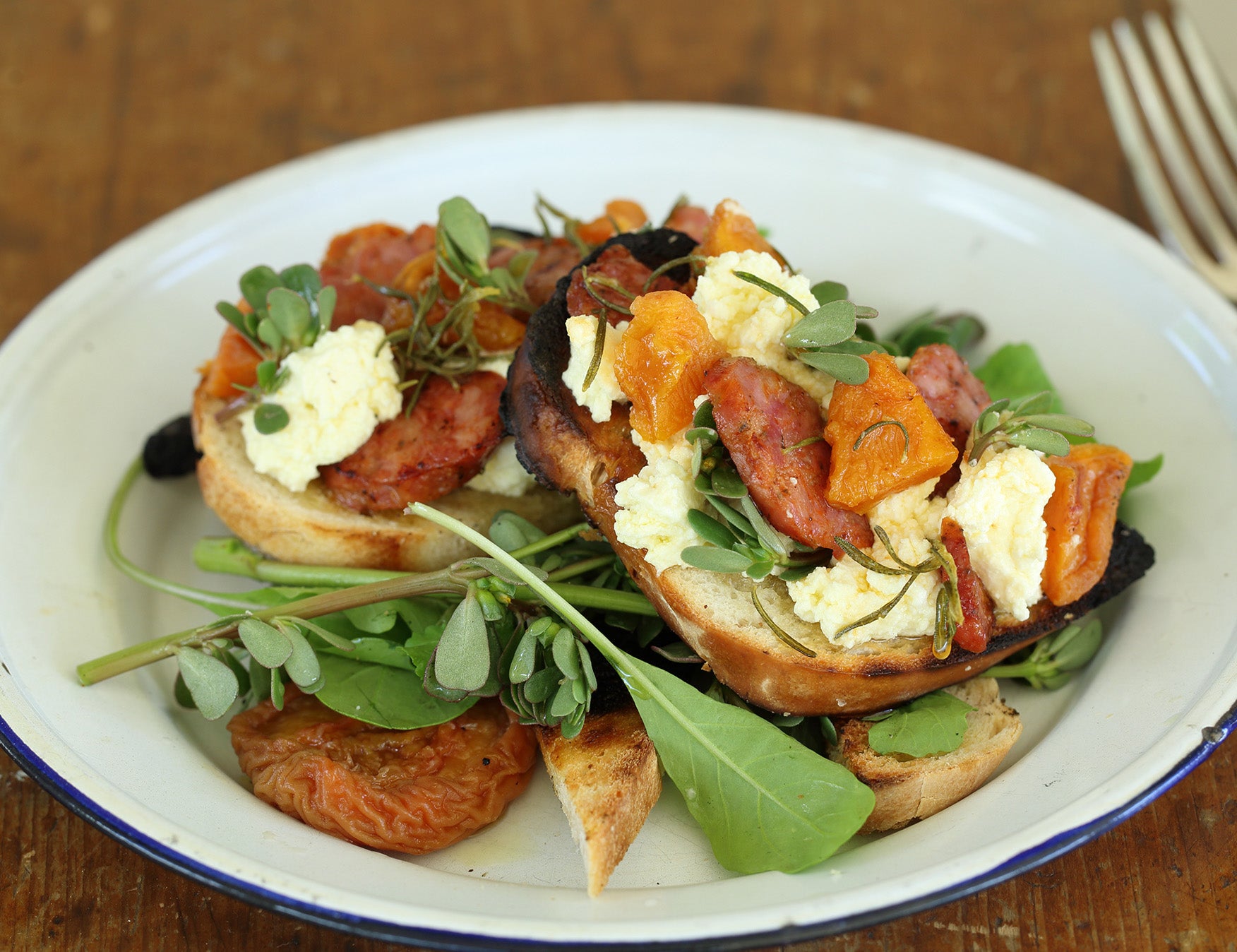 Chorizo, Dried Mustard Apricots & Feta Bruschetta Recipe
