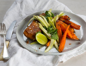 Coconut Salmon with Sweet Potato Wedges and Green Mango Salad Recipe