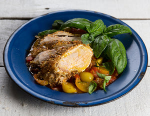 Dukkah Crusted Schnitzel with Heirloom Tomato Salad with Basil Recipe