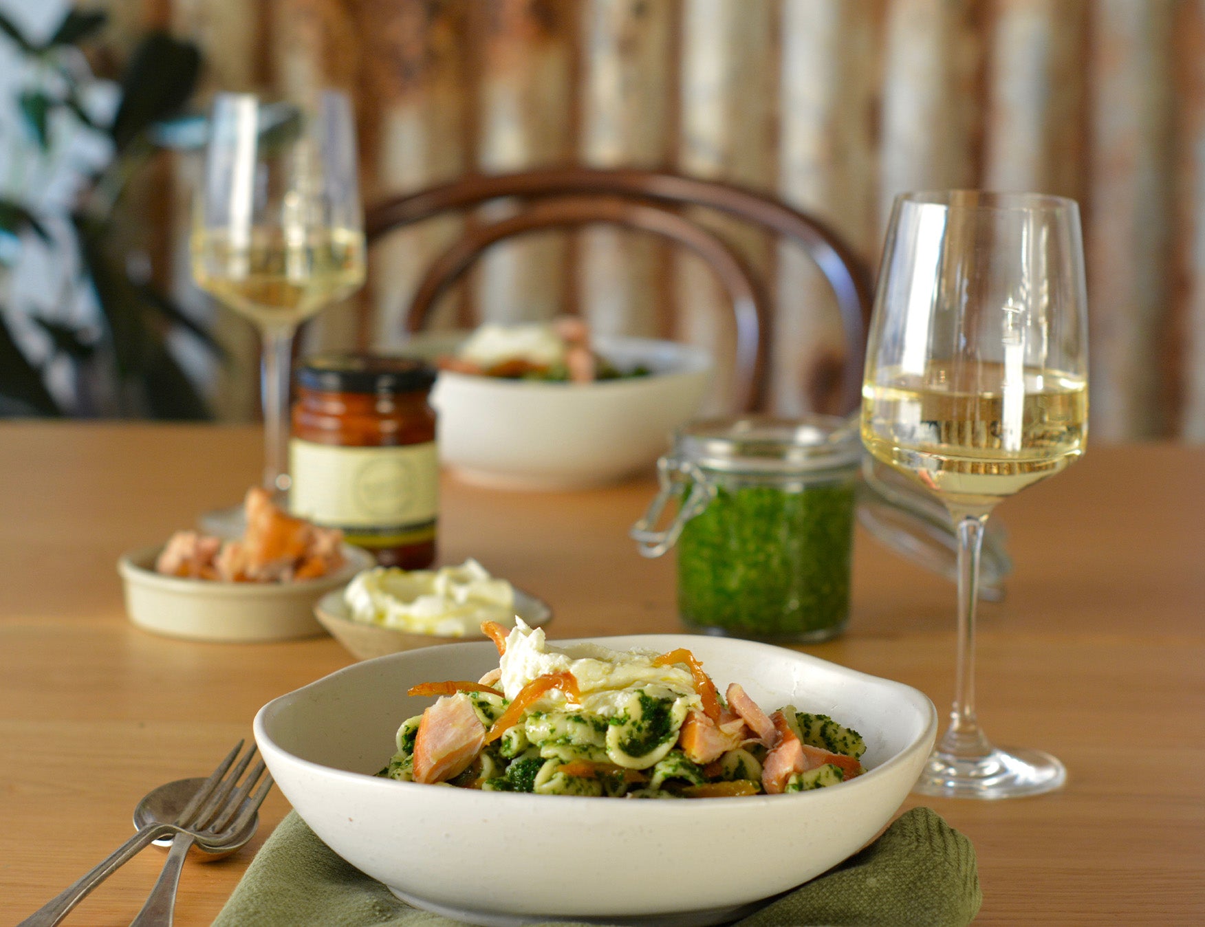 Kale Pesto Pasta with Smoked Trout & Labneh Recipe