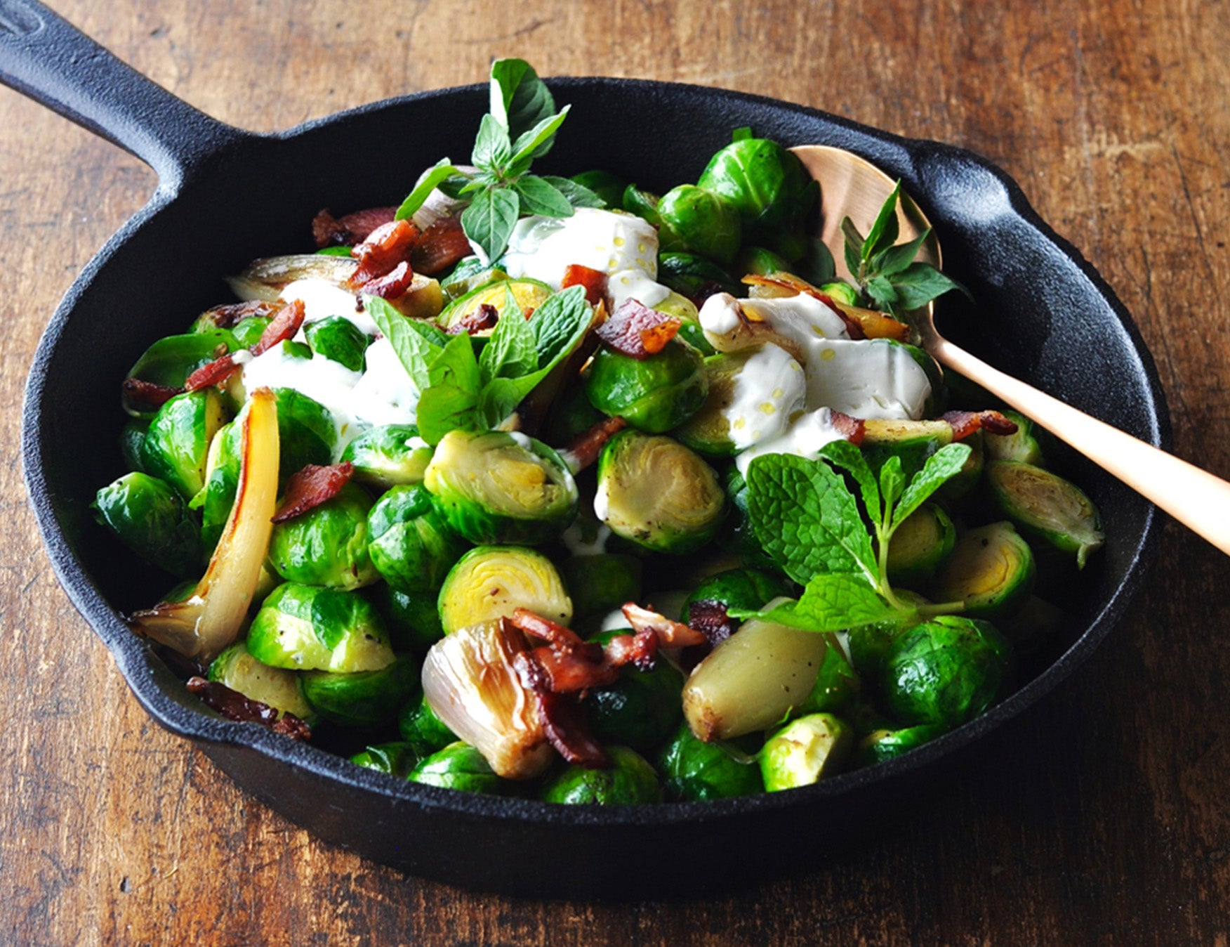 Middle Eastern Braised Brussels Sprouts with Speck, Yoghurt and Herbs Recipe