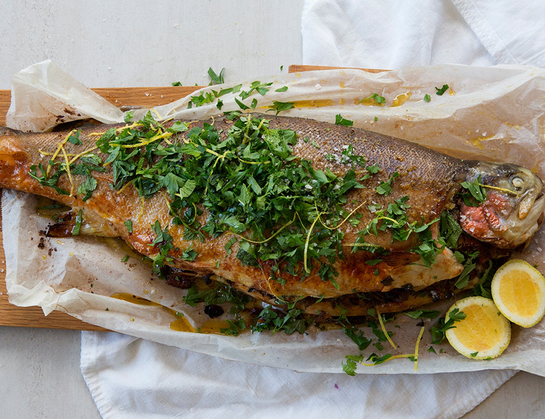 Oven Baked Ocean Trout with Thyme & Lemon Stuffing Recipe