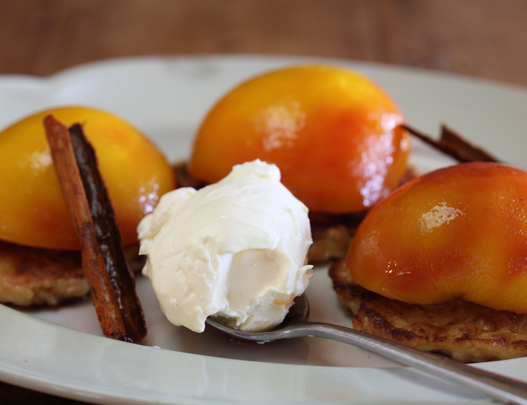Poached Peaches with Oat Buttermilk Pancakes Recipe