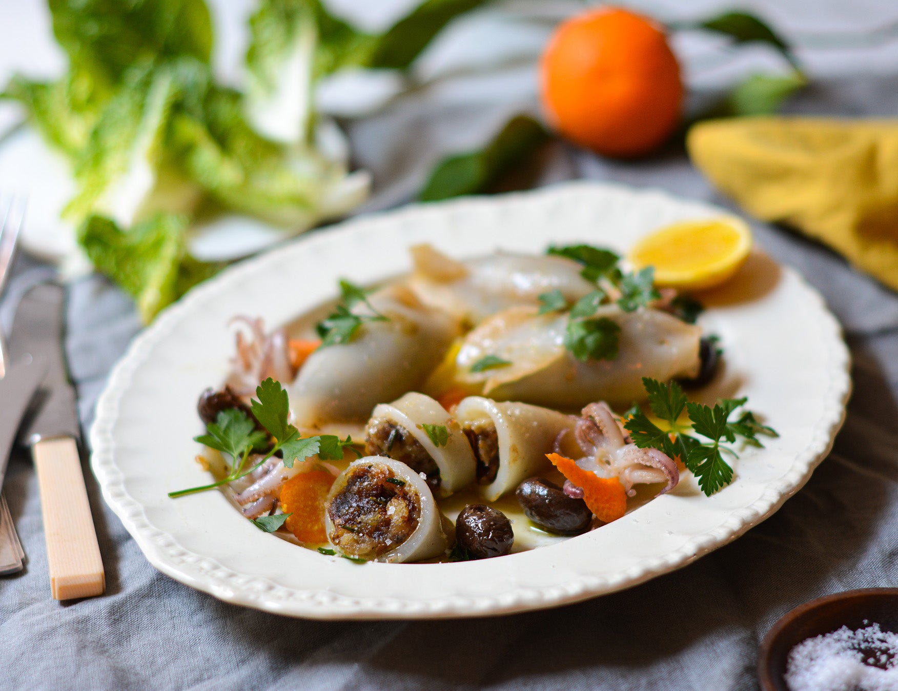 Poached Squid with Olive and Orange Stuffing Recipe