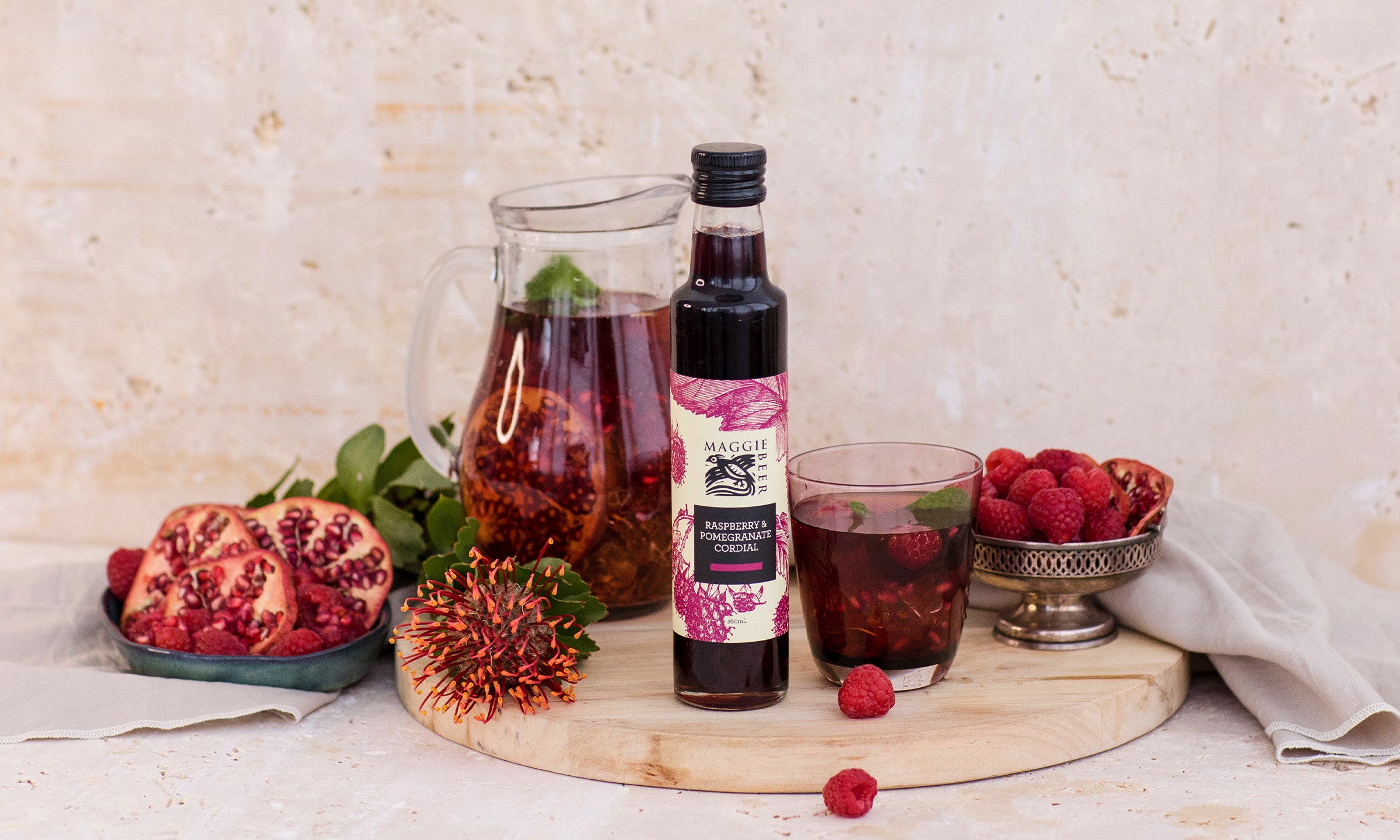Beer Raspberry Cordial Raspberry & Pomegranate Cordial 260mls | Maggie Beer