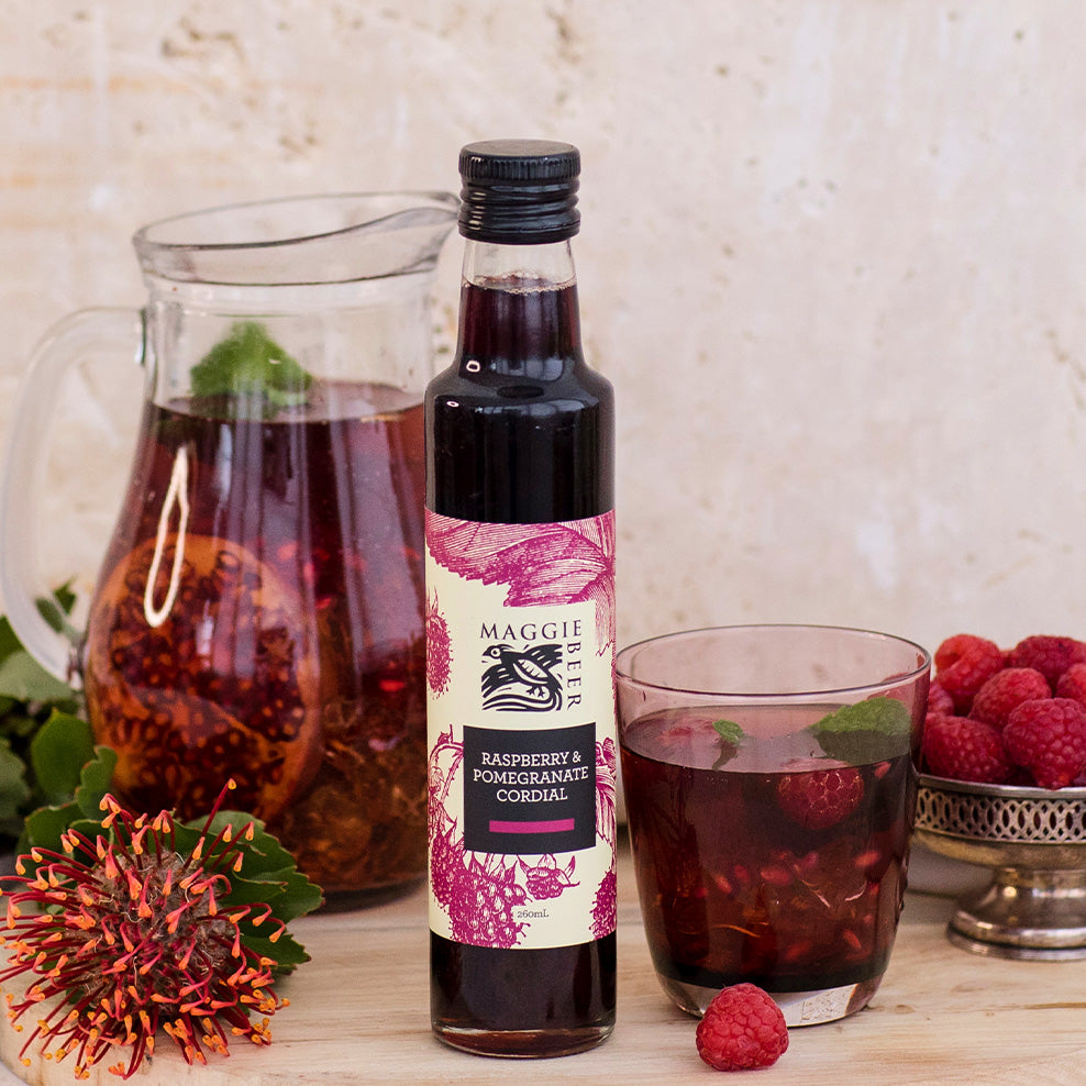 Beer Raspberry Cordial Raspberry & Pomegranate Cordial 260mls | Maggie Beer