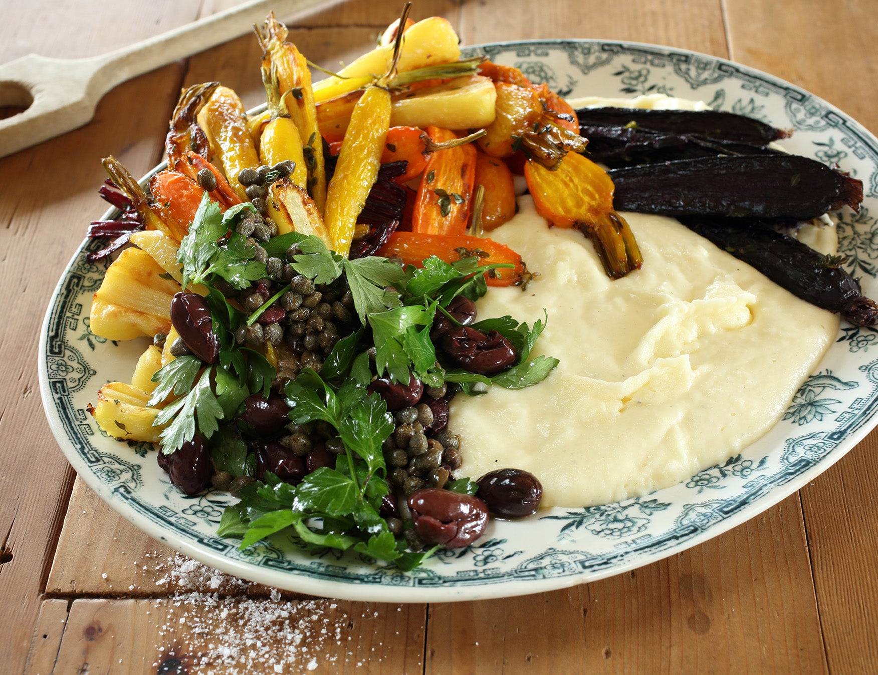 Carrots, Beetroot, Parsnips with Polenta and Olive & Caper Salad Recipe