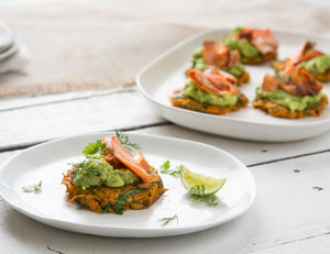 Sweet Potato Fritters with Smashed Avocado and Salmon Recipe